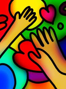 Stained glass image of hands and hearts